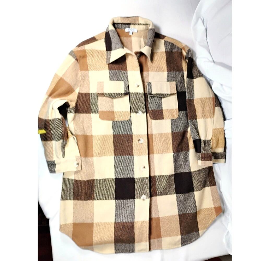 Polagram Plaid Shacket Womens 2XL Neutral Overshirt Flap Pockets Black Tan